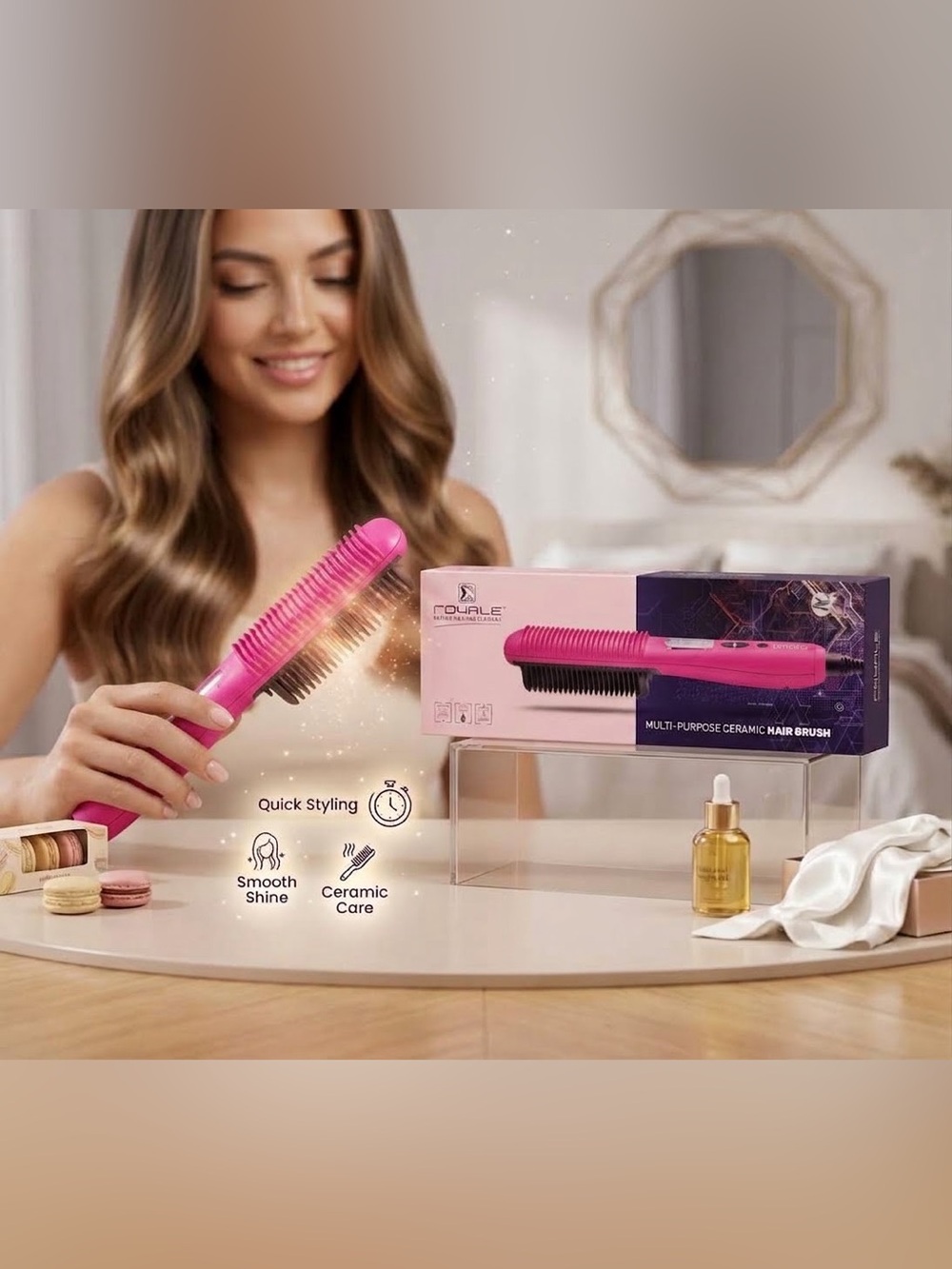 ROYALE Multi-Purpose Ceramic Hair Straightening Brush - Rose Gold ~ Retail $500